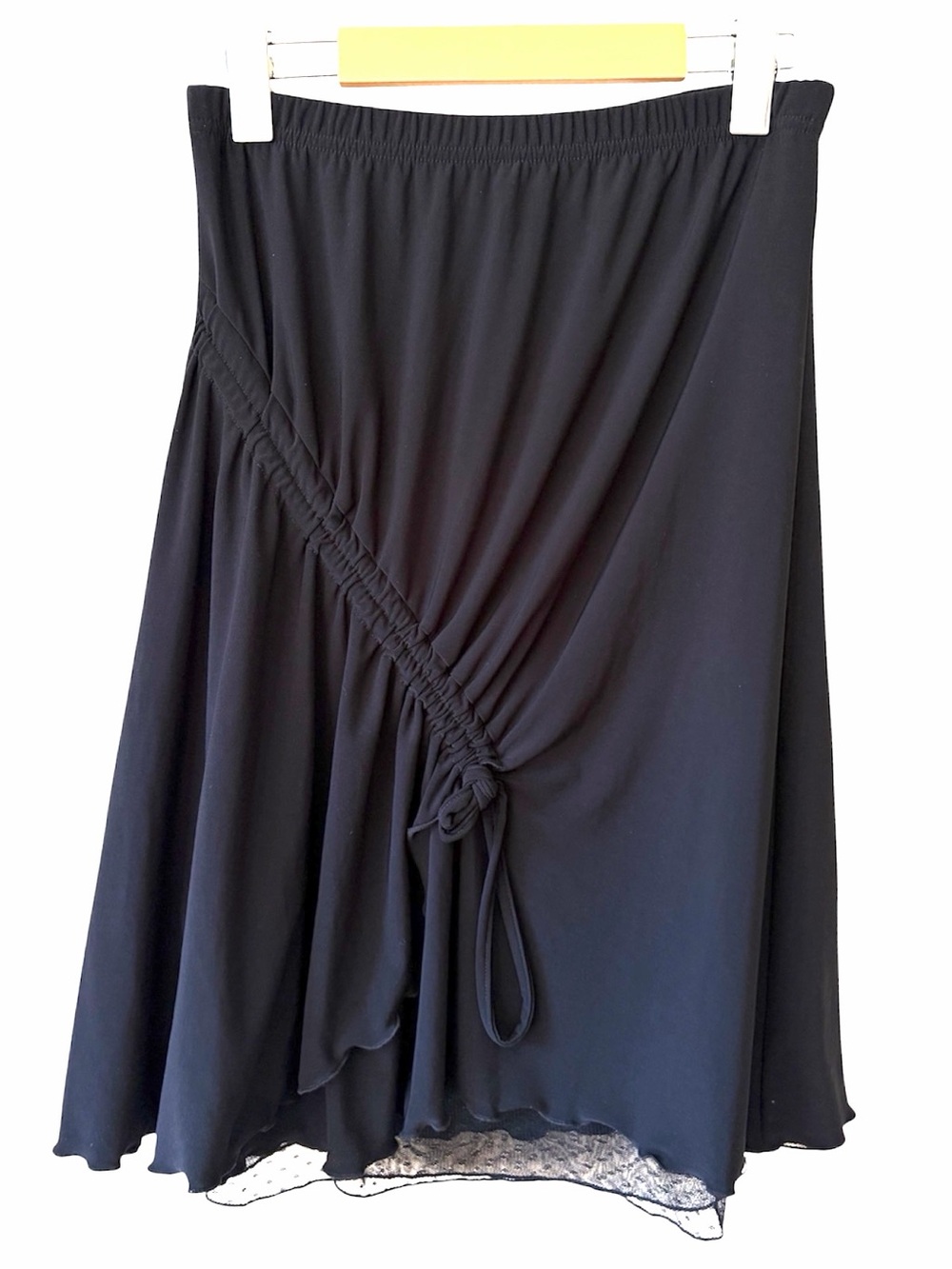 Vintage Made in Canada Black Ruched Wrap Midi Skirt Asymmetrical Drawstring Y2K